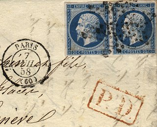Marque encadrée avec mention PD en rouge (port payé jusqu'à destination)