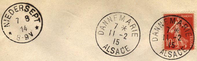 Timbre à date des bureaux de poste dans l'Alsace reconquise (1915)