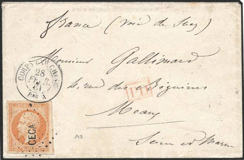 Timbre à date au type 15 avec mention CORPS EXP CHINE BAU et lettre