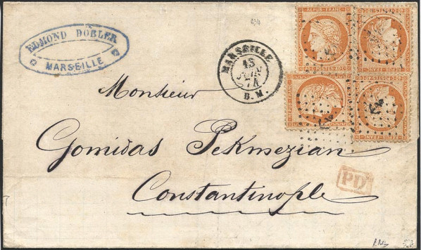 Timbre à date au type 15 avec ville et  mention : B.M.