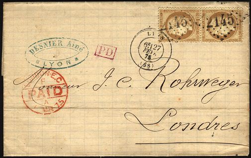 Marque encadrée avec mention PD en rouge (port payé jusqu'à destination)