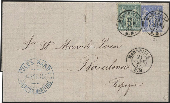 Timbre à date au type 15 avec ville et  mention : B.M.