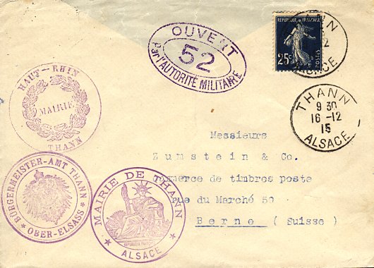 Timbre à date des bureaux de poste dans l'Alsace reconquise (1915)