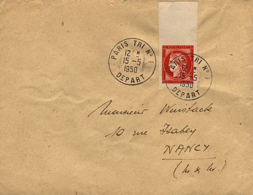 Timbre à date avec essai de 1950 avec mention "PARIS TRI N1 DEPART