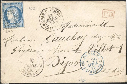 Timbre à date au type 16M avec mention : COL FR, nom de paquebot et ville