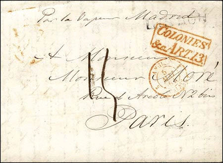 Marques de transit avec mention COLONIES &cc ART. et numéro