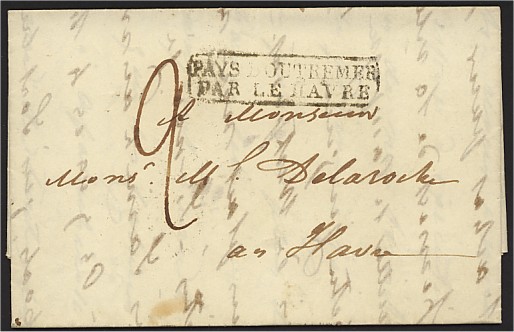 Marque d'entrée par voie maritime avec mention PAYS D'OUTREMER PAR et nom de ville