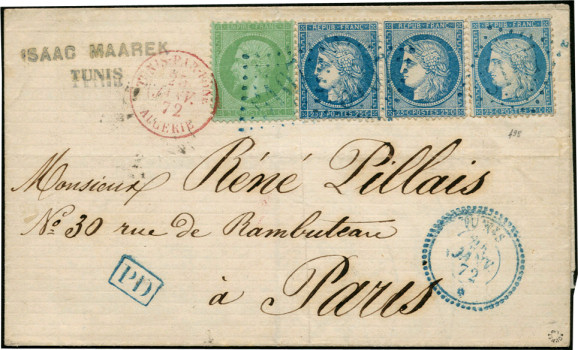 Timbre à date au type 15M avec mention : TUNIS PAR BÔNE ALGERIE