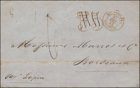 Timbre à date au type 15M avec mention COLONIES FRA suivi du nom d'une ville