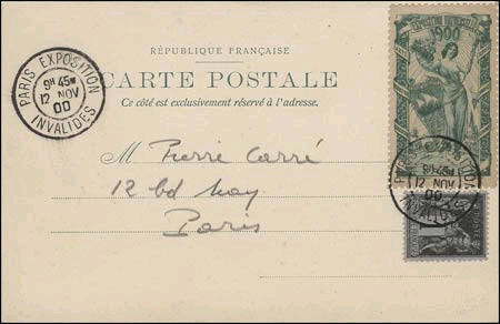 Timbre à date de l'exposition Universelle de 1900 avec mention : PARIS EXPOSITION INVALIDES