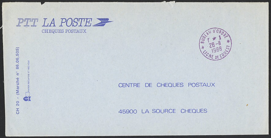 Timbre à date avec mention : BUREAU D'ORDRE LIGNE DE L'OUEST