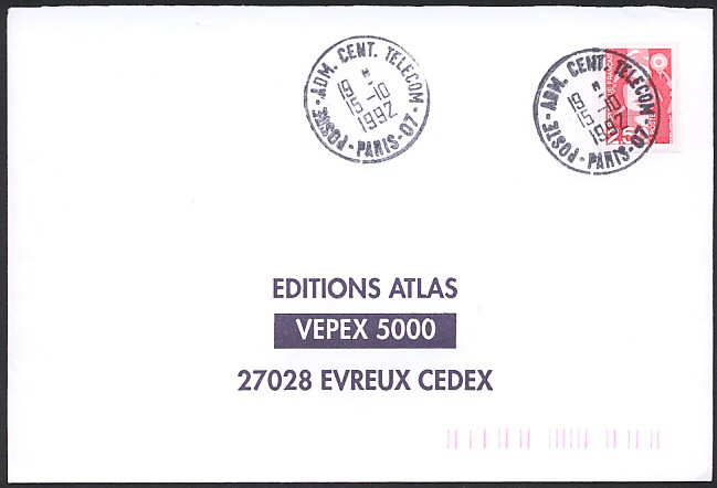 Timbre à date au type a8 avec mention : POSTE ADM. CENT. TELECO et ville