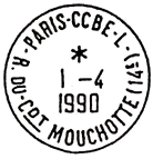 Timbre à date avec mention : PARIS - CCBE - L / - RUE CDT MOUCHOTTE (14E) - /