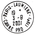Timbre à date avec mention : PARIS-LAUMIERE / - CARRE PRO (19E) - /