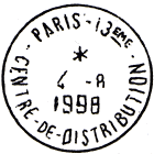 Timbre à date avec mention : PARIS-13EME / - CENTRE-DE-DISTRIBUTION - /
