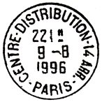 Timbre à date avec mention : CENTRE-DISTRIBUTION-14 ARR. / - PARIS - / 