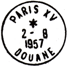 Timbre à date au type A7 avec mention : PARIS XV / DOUANE