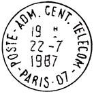 Timbre à date avec mention : POSTE-ADM. CENT. TELECOM - / PARIS-07 - / 