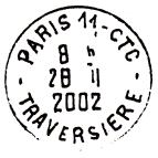 Timbre à date avec mention : PARIS 11 - CTC / - TRAVERSIERE - /