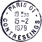 Timbre à date au type A9 avec mention : - PARIS 01 - CONTRESEINGS /