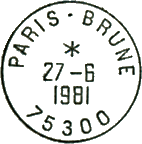 Timbre à date au type A9 avec mention : PARIS - BRUNE 75300 /