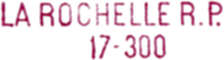 Marque postale linéaire indicatif du bureau avec nom de ville, lettres RP (Recette Principale) et numéro (2 premiers chiffres = département) /