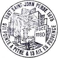 Timbre à date avec mention "1887 SAINT JOHN PERSE 1976 / 971 POINTE A PITRE & 13 AIX EN PROVENCE" /