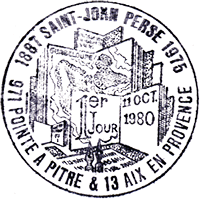 Timbre à date avec mention "1887 SAINT JOHN PERSE 1976 / 971 POINTE A PITRE & 13 AIX EN PROVENCE" / 