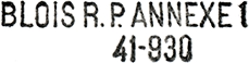 Marque postale linéaire indicatif du bureau avec nom de ville, lettres RP (Recette Principale), mention ANNEXE, numéro de l'annexe et numéro (2 premiers chiffres / 