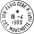 Timbre à date avec mention : PARIS - CCBE - P / - RUE CDT MOUCHOTTE (14E) - /