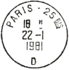 Timbre à date au type A9 avec mention : "PARIS - 25 BIS" / "-" + lettre "-" / 