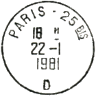 Timbre à date au type A9 avec mention : "PARIS - 25 BIS" / "-" + lettre "-" /