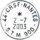 Timbre à date avec mention : numéro de département + "- C.R.S.F. -" + nom de ville / "- S.T.M. 900 -" /