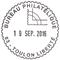 Timbre  date avec mention : "BURRAU PHILATELIQUE" / "83 - TOULON LIBERTE" / 