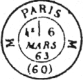 Timbres à date des bureaux de quartier avec mention PARIS, sur les cotés lettre du bureau sans parenthèses et 60 avec parenthèses /