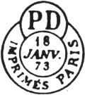 Timbre à date circulaire avec mention : PD IMPRIMES PARIS /