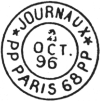 Timbre  date avec mention JOURNAUX PP, nom de ville et lettres PP