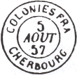 Timbre à date au type 15M avec mention COLONIES FRA suivi du nom d'une ville /