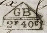 Marque rectangulaire surmontée d'un triangle(s) avec lettres GB et 2F 40c /