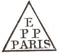 Marque triangulaire avec numéro de bureau et mention : PP PARIS /