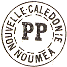 Marque circulaire avec nom de colonie, nom de ville et lettres PP au centre /