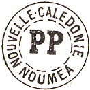 Marque circulaire avec nom de colonie, nom de ville et lettres PP au centre / 