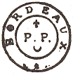 Marque de port payé de Bordeaux avec mention BORDEAUX PP, fleur de Lys et croissant /