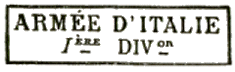 Marque encadrée avec mention : ARMEE D ITALIE 1er DIVon /