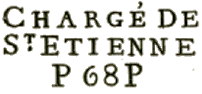Marque linéaire avec mention CHARGE DE, nom de ville et numéro de département entre lettres P /