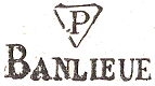 Marque linéaire avec mention BANLIEUE en petites lettres et P dans un triangle ouvert /
