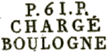 Marque linéaire avec numéro de département entre lettres P, mention CHARGE et nom de ville /