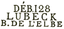 Marque linéaire avec mention DEB, numéro département, nom de ville et nom département /