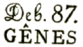 Marque linéaire avec mention DEB en italique, numéro département et nom de ville /