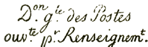Marque linéaire avec mention : Don Gle DES POSTES OUVte Pr RENSEIGNEMt /